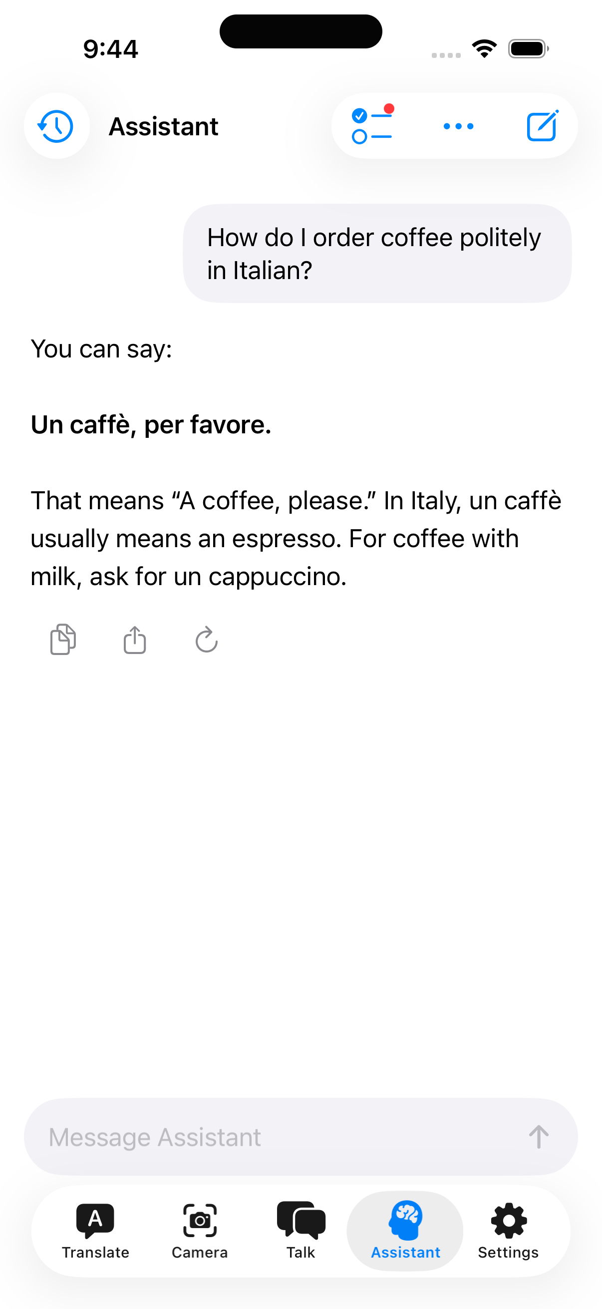 Offlinguo Assistant explaining how to order a coffee politely in Italian