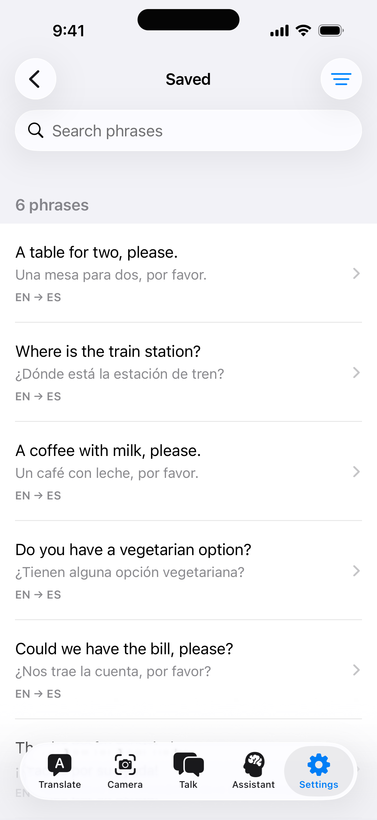 Offlinguo’s Saved screen with six useful English–Spanish phrases for travel