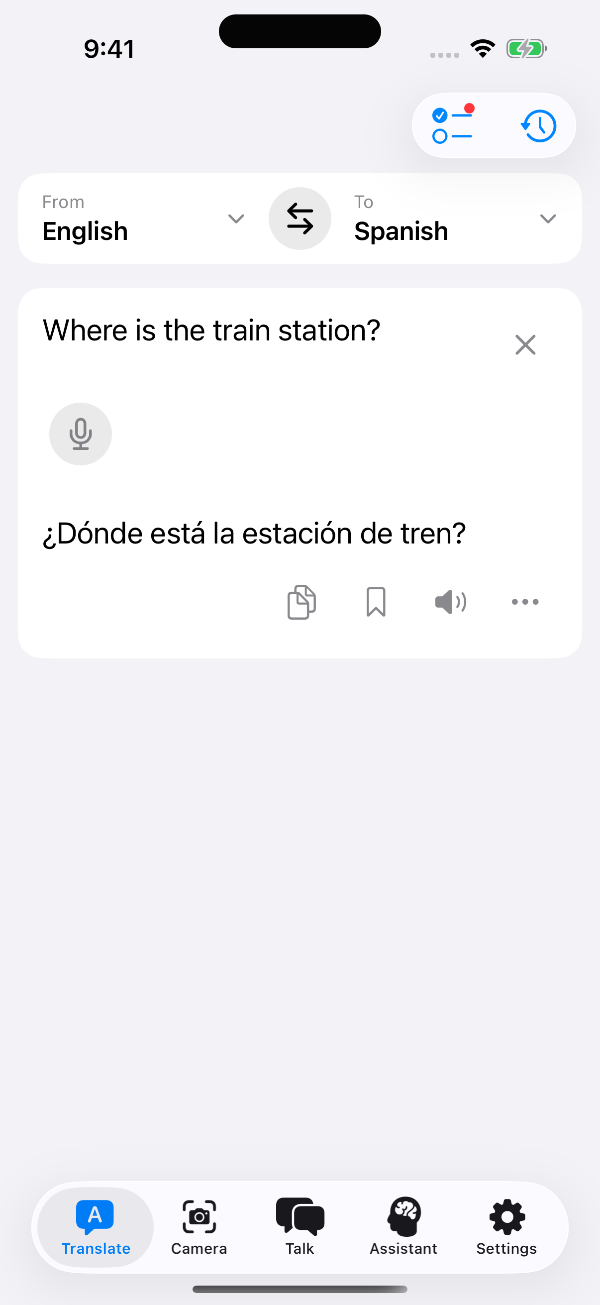 Offlinguo translating “Where is the train station?” into Spanish